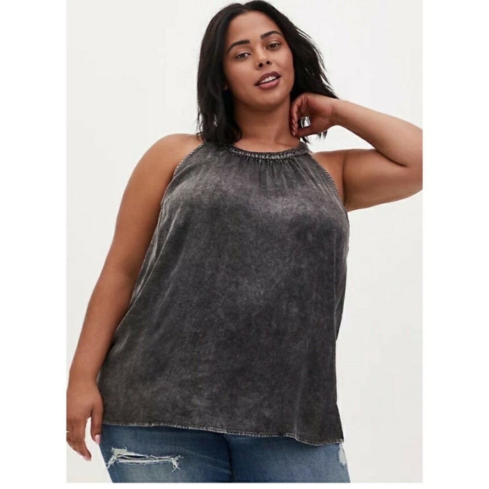 (A5) Torrid Women 3 3X Acid Wash Halter Neck Tank Top Charcoal Grey Mineral Wash